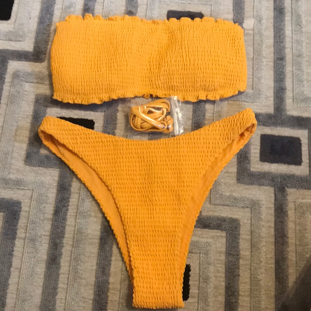 hollister yellow smocked bandeau bikini set